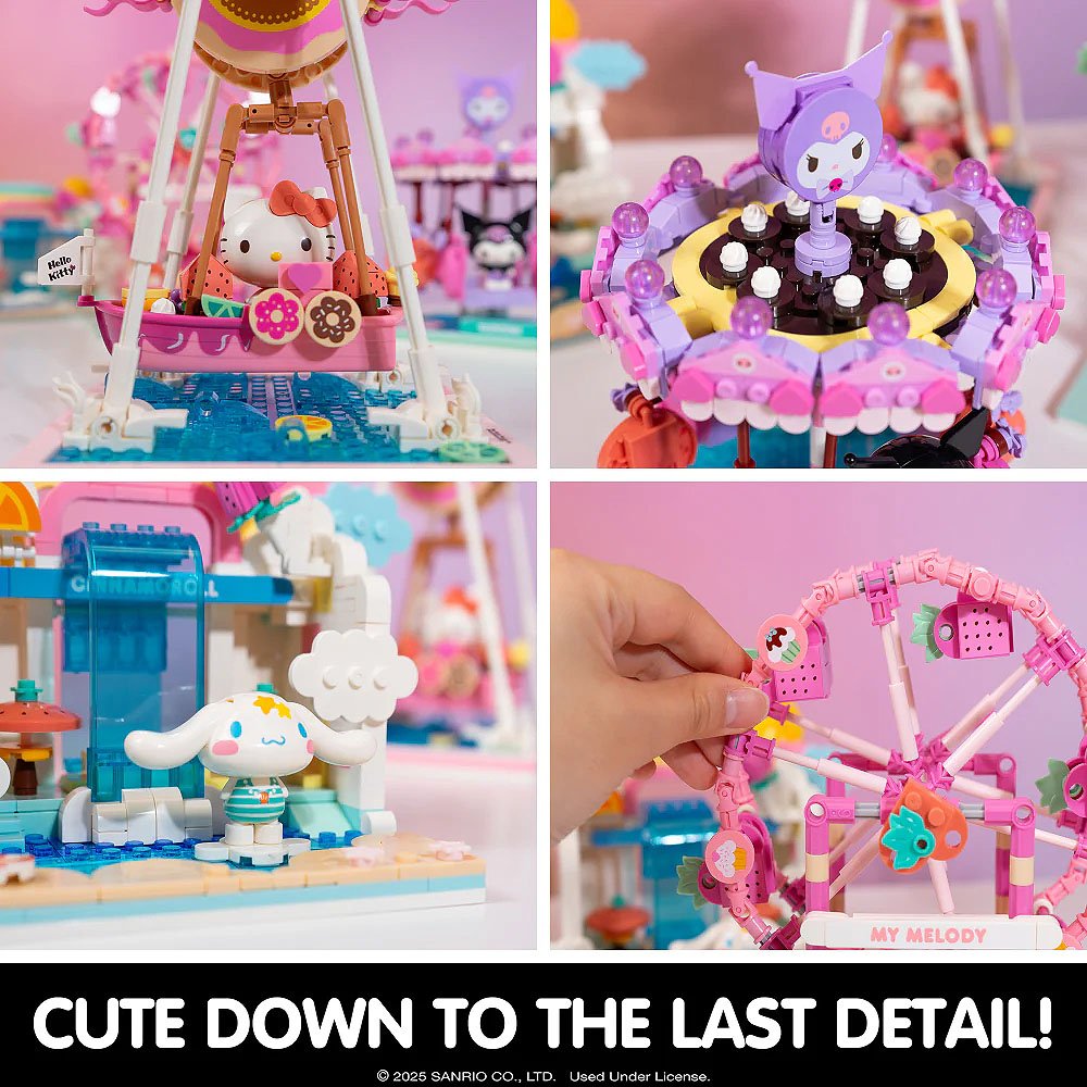 Collage of Sanrio building brick toy sets with characters, including a Ferris wheel and a roller coaster, in a colorful setting.