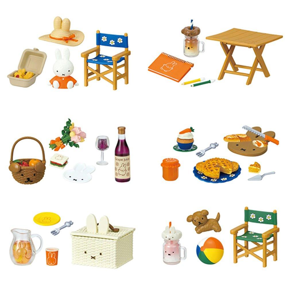 Collection of Miffy miniature toys including furniture, food items, and animals on a white background