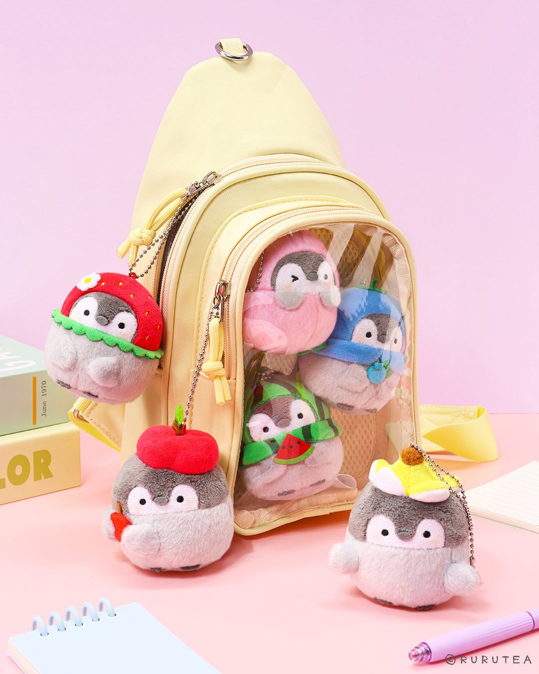 Fruit Themed Penguin Charms: Set of six fruit and food-themed penguin charms (Koupen Chan). Collectible plush keychains for bag decoration