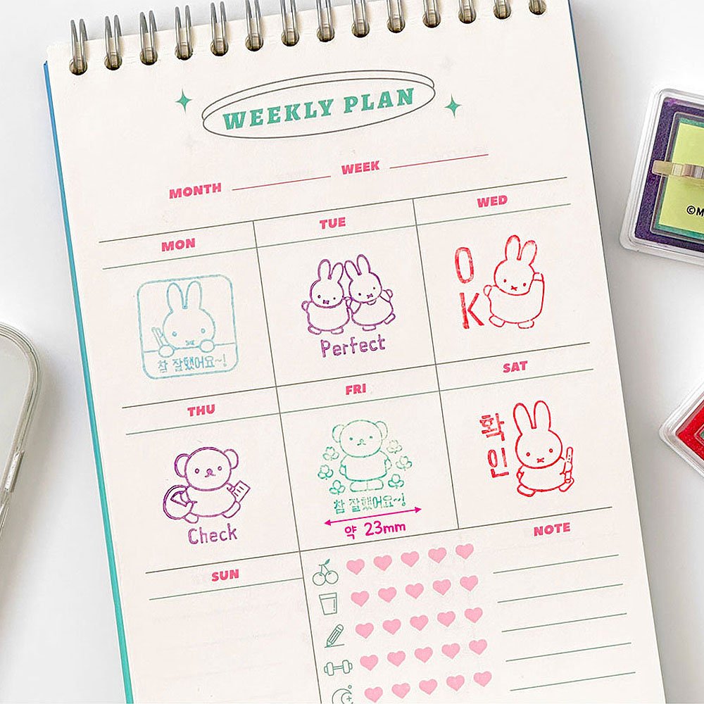 Weekly planner with cute Miffy and Boris character illustrations on a white surface