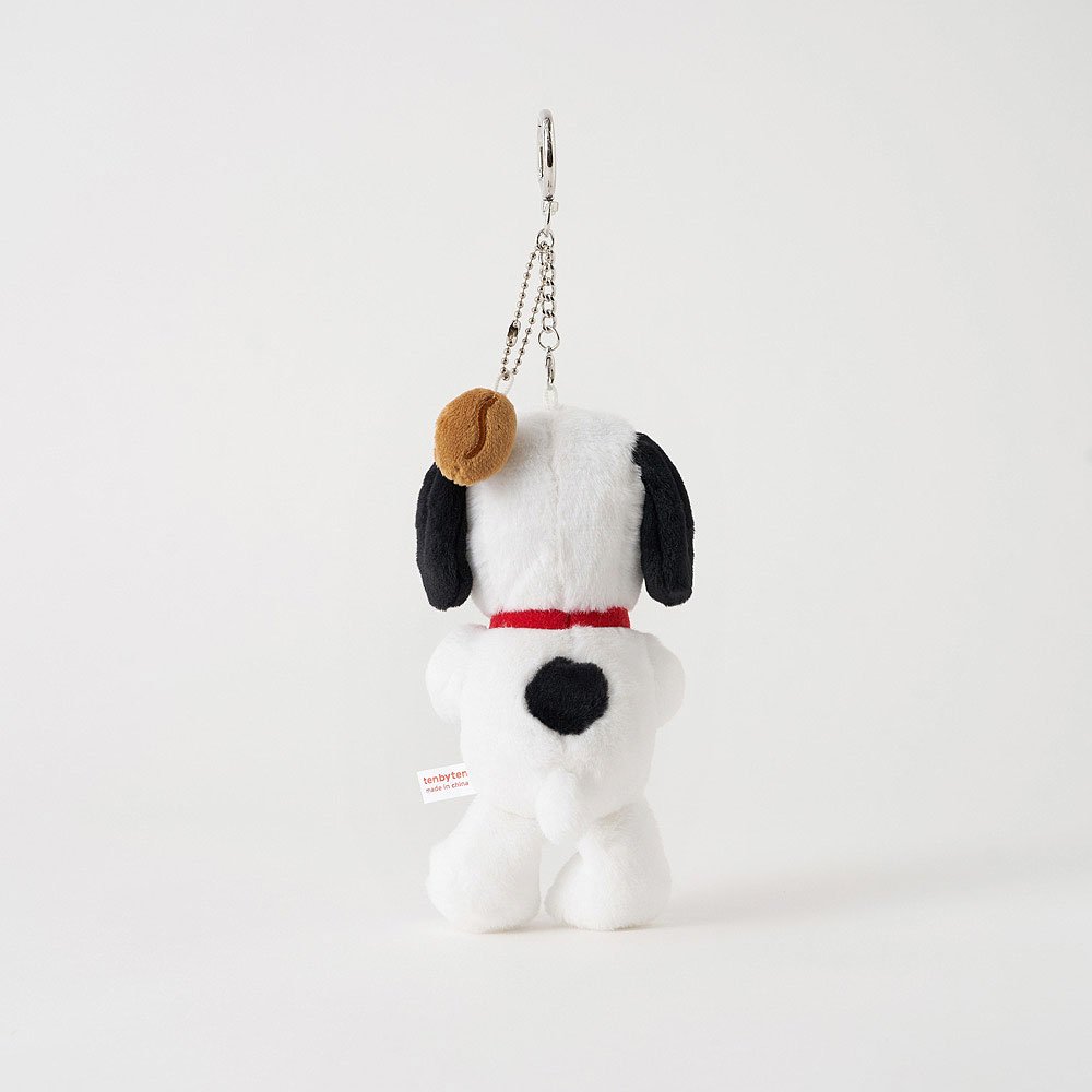 Plush Snoopy keychain with a red collar on a white background