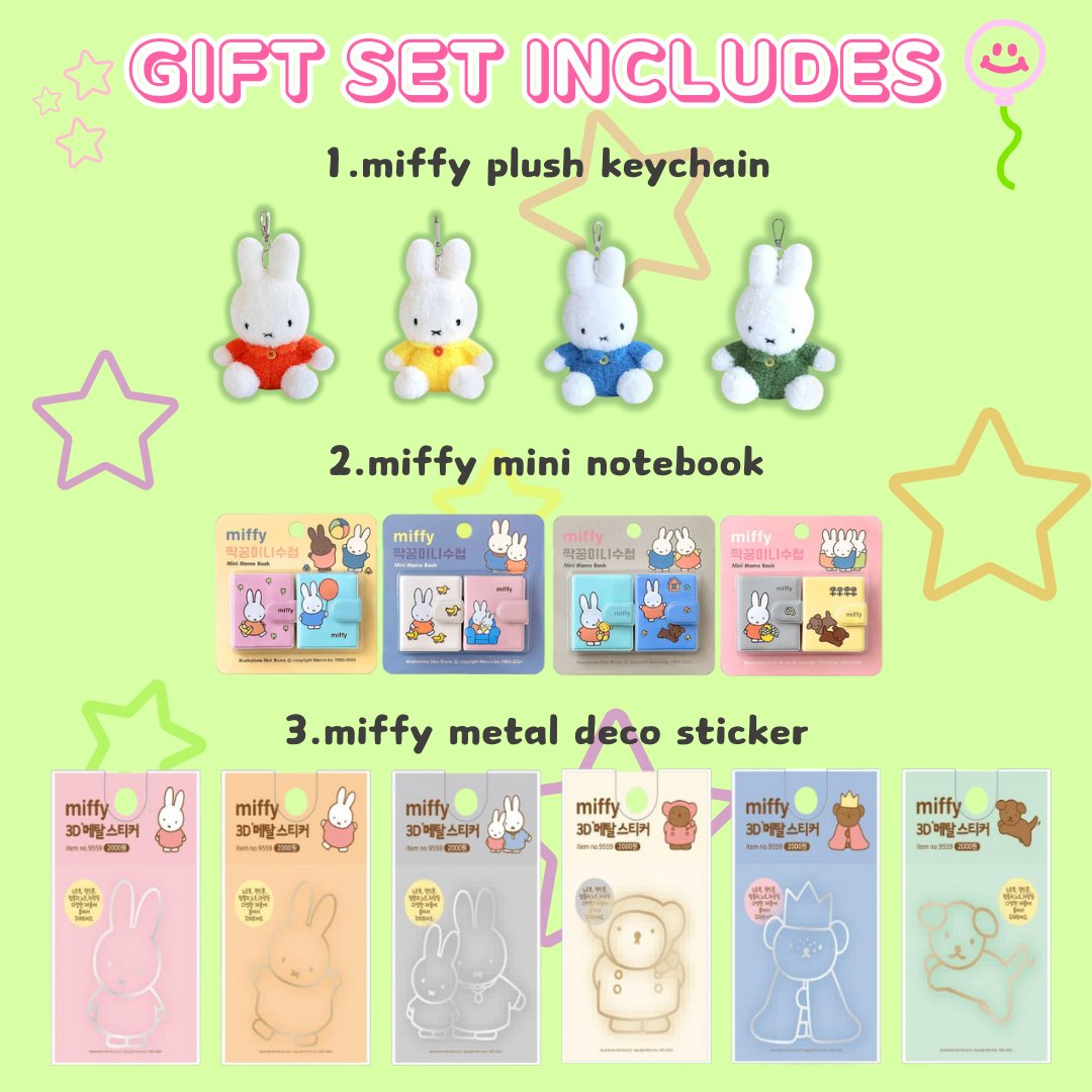 A collection of Miffy-themed birthday gifts including plush keychains, mini notebooks, metal deco stickers, a cake topper, and a letter set, all packaged with a 'Happy Birthday' theme.