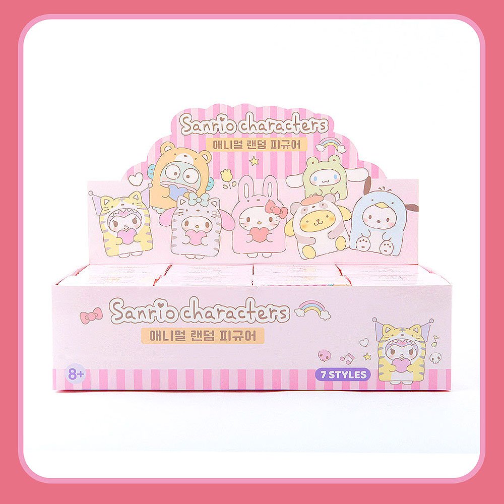 Display box of Sanrio character figurines with pink and white striped background