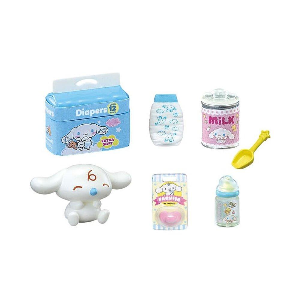 Set of baby simulation Cinnamoroll toys including diapers, bottle, and pacifier on a white background
