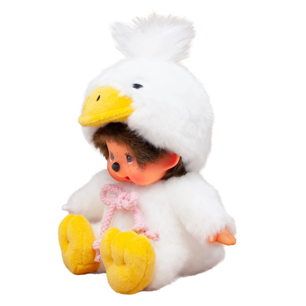 Side view of Sekiguchi Monchhichi Fluffy Sitting Duck 8 Inch Plush Doll showing fluffy white duck body and yellow duck bill hood, perfect end-of-year holiday gift and room decor