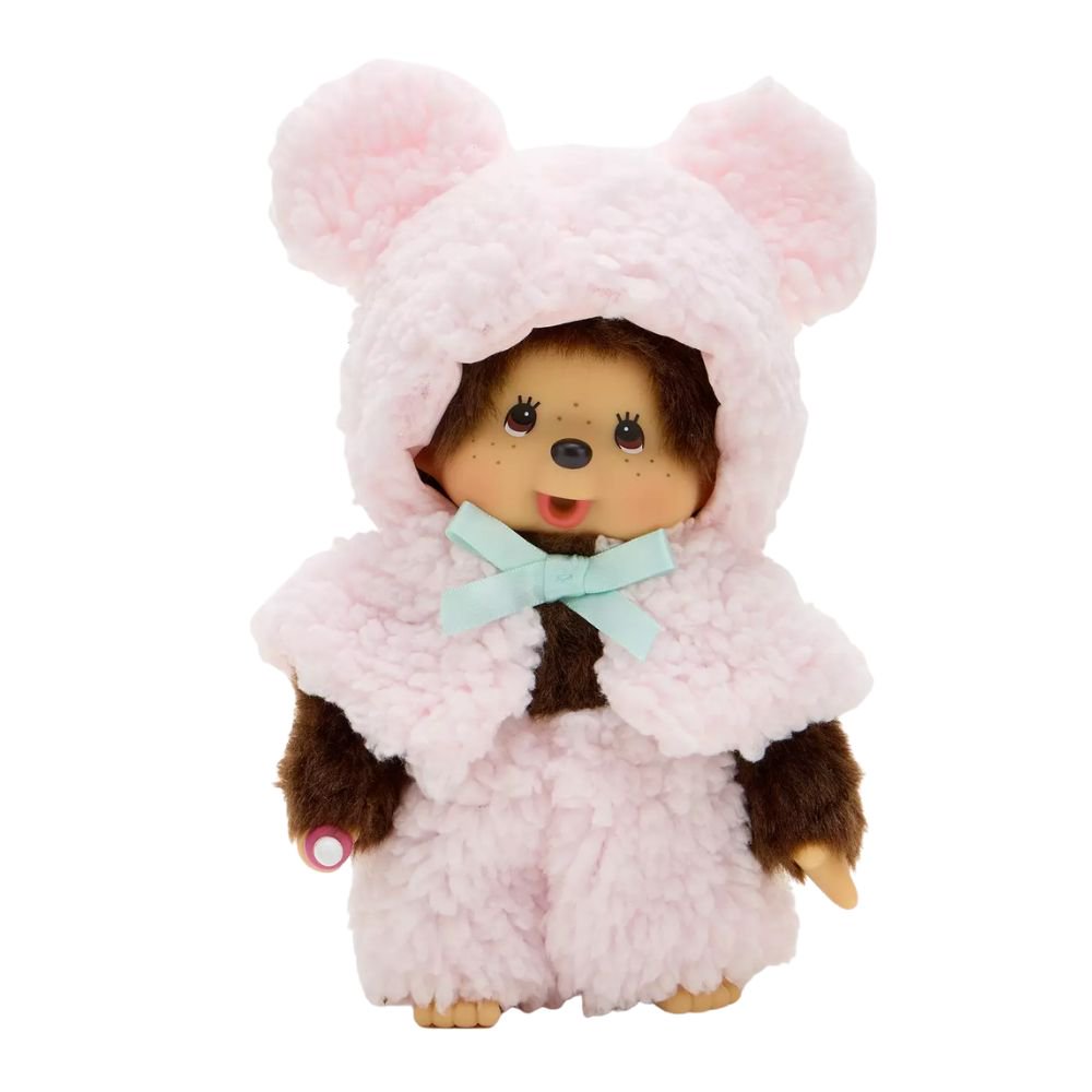 Front view of Sekiguchi Monchhichi Pink Bear Hoodie Cape Boy 8 Inch Plush Doll wearing fluffy pink bear hood, mint ribbon tie, and matching pink trousers while holding a pacifier, ideal holiday season collectible gift