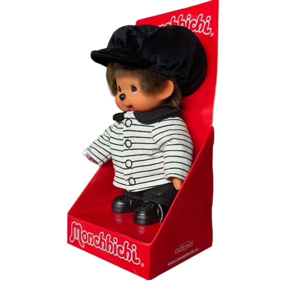 ide view of Sekiguchi Monchhichi Striped Jacket & Casquette Boy 8 Inch Plush Doll packaged in red Monchhichi logo box, perfect stocking stuffer and Christmas gift idea