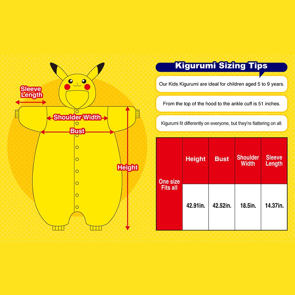 Official Pokémon Kids Kigurumi Onesie Size Chart and Measurement Guide featuring a Pikachu diagram. Displays measurements for Kids One Size Fits All for children aged 5 to 9 years (Height 42.91in, Bust 42.52in, Shoulder Width 18.5in, Sleeve Length 14.37in, Hood to Ankle 51in). Ideal sizing reference for kids' Halloween costumes, sleepovers, and birthday gifts.