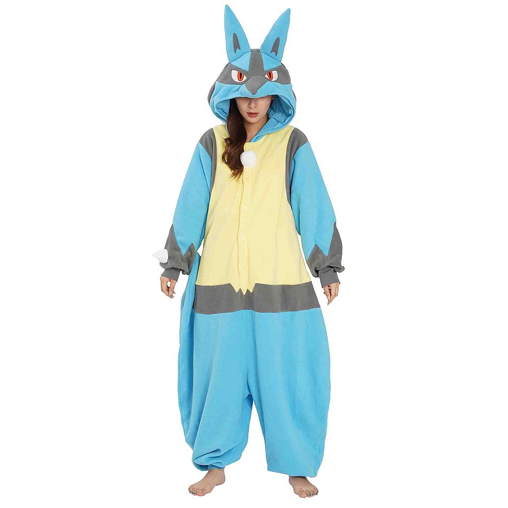Official Pokémon Lucario Costume Kigurumi Onesie Jumpsuit worn by a smiling model holding the hooded ears. Features a soft blue, grey, and cream-yellow fleece body with a white chest spike detail and red character eyes. A cool cosplay outfit for Halloween costumes, cozy sleepover nights, and year-end holiday party loungewear for adult Pokémon fans