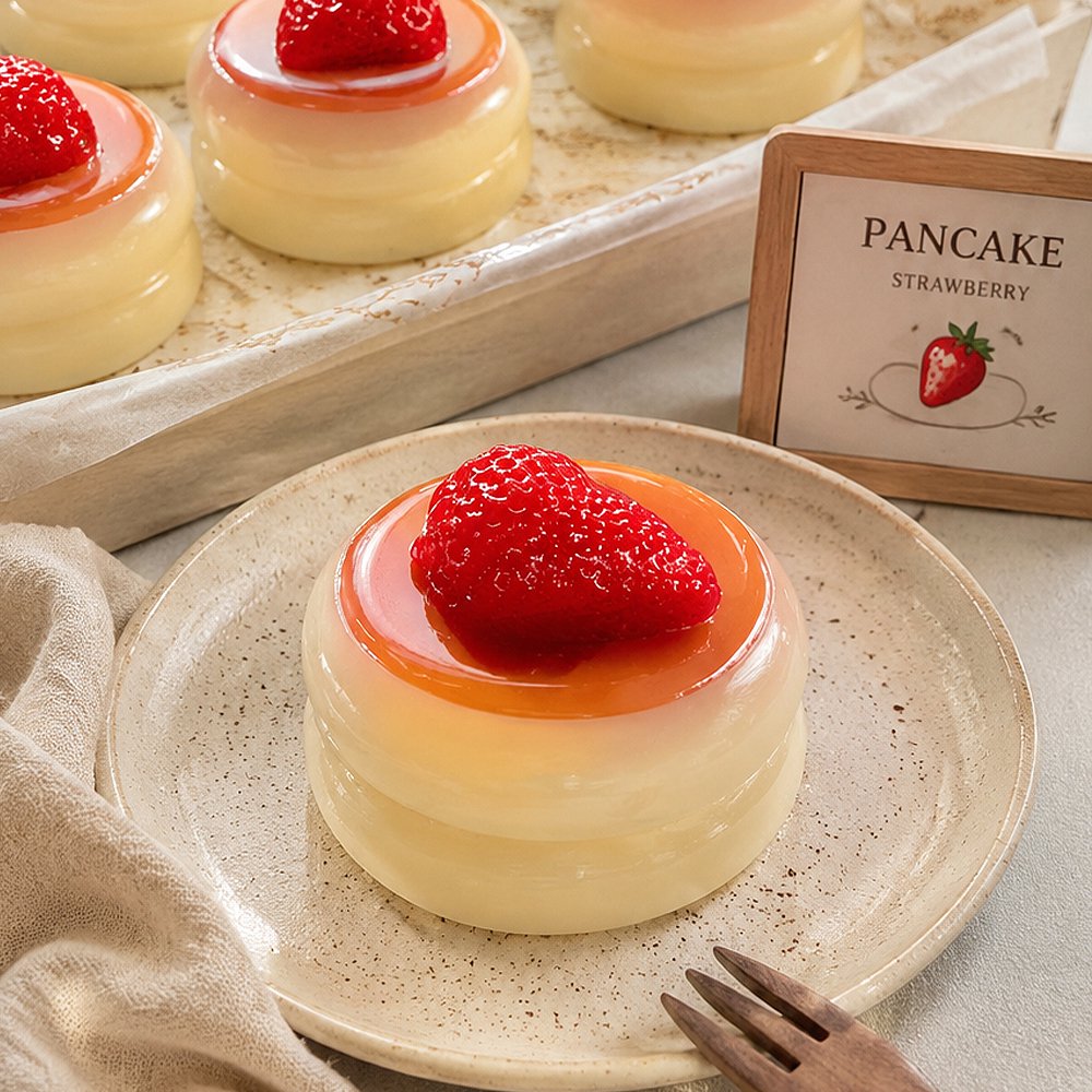 Close-up view of an ultra-realistic soufflé pancake squishy topped with shiny syrup and a realistic removable strawberry on a beige plate with a fork, ideal holiday stocking stuffer and foodie fidget toy