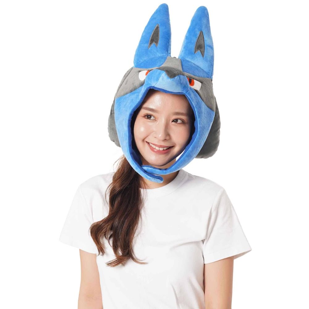 Model wearing Officially Licensed Pokémon Lucario Kigurumi Plush Costume Hat with blue ears, grey face mask details, and velcro chin strap, perfect Christmas gift, winter warm hat, Halloween costume cap, and anime cosplay accessory