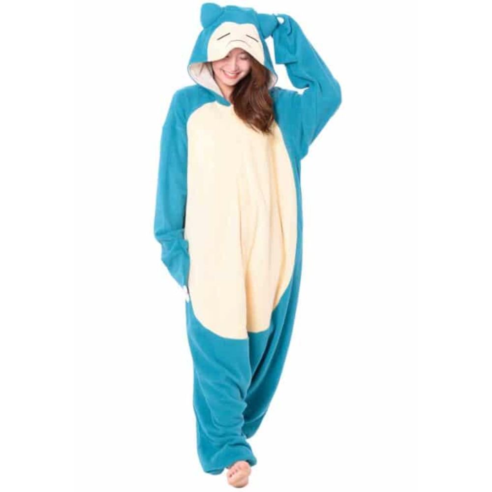 Officially Licensed Pokémon Snorlax Fleece Kigurumi Onesie Costume featuring blue and cream cozy winter pajamas with character hood and sleeping face expression, perfect Christmas gift, warm holiday sleepwear, and anime cosplay outfit