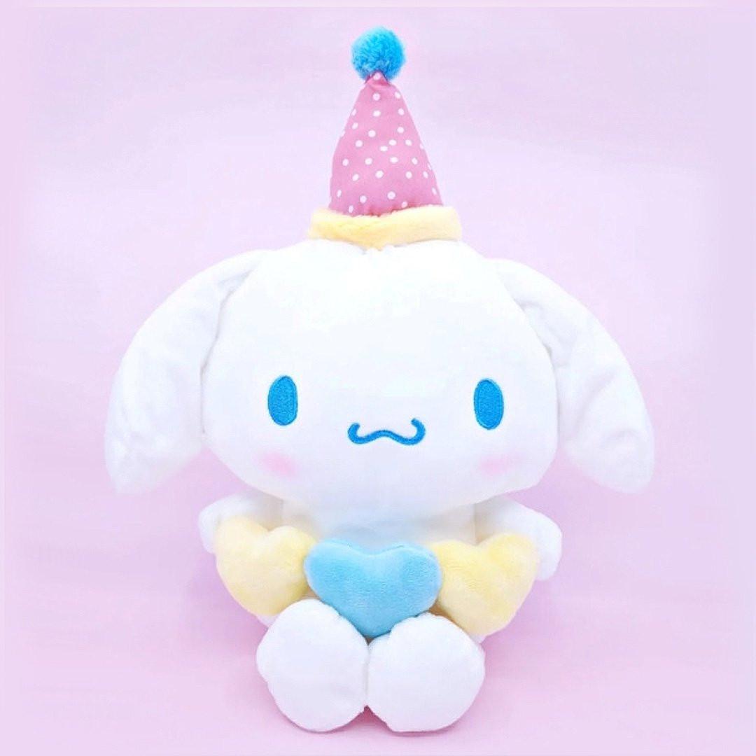 Official Sanrio Cinnamoroll Triple Heart Plush Valentine's Day party collection .kawaii plushies party hats and holding double hearts, perfect for Valentine's party decor and aesthetic gift sets.