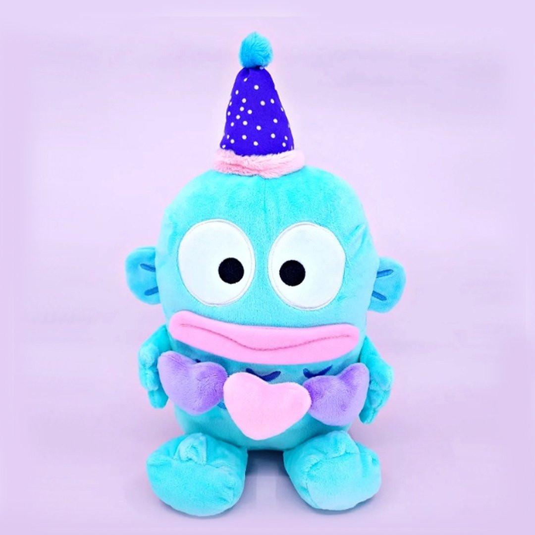 Official Sanrio Hangyodon Triple Heart Plush Valentine's Day party collection .kawaii plushies wearing party hats and holding double hearts, perfect for Valentine's party decor and aesthetic gift sets.