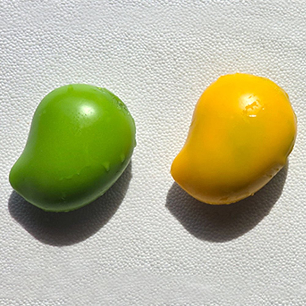 Hands squeezing a green Crunchy Mango Squishy Toy producing crisp ASMR crackle sound, featuring flexible TPR shell, color-changing chameleon effect, perfect Christmas gift and holiday stocking stuffer idea