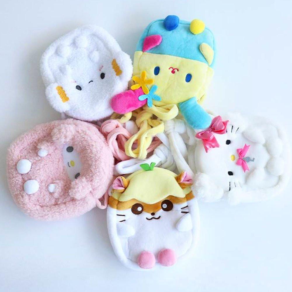 Sanrio plush pouch crossbody bag, Sanrio plush pouch shoulder bag, Sanrio stuffed animal pouch bag, Sanrio My Sweet Piano plush pouch, Sanrio Charmmy Kitty plush pouch, Sanrio Cogimyun plush pouch, Sanrio Usahana plush pouch, Sanrio Corocorokuririn plush pouch,