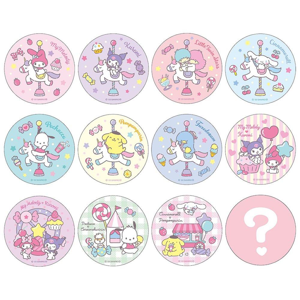 A collection of Sanrio character-themed holographic glitter button pins. Each pin features a colorful, illustrated design of a character interacting with everyday objects in a playful manner.