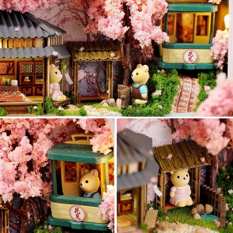 A intricate DIY miniature kit replicating a traditional Japanese tea room with shoji screens, a sake set, and a warm LED light