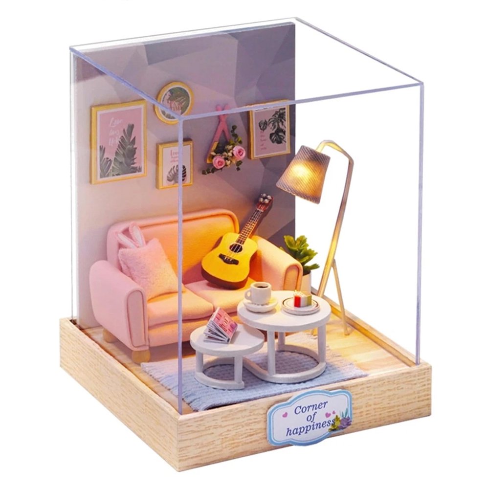 A cozy DIY miniature room kit featuring a blue-framed glass wall, tiny indoor plants, and a wooden easel under a warm LED light