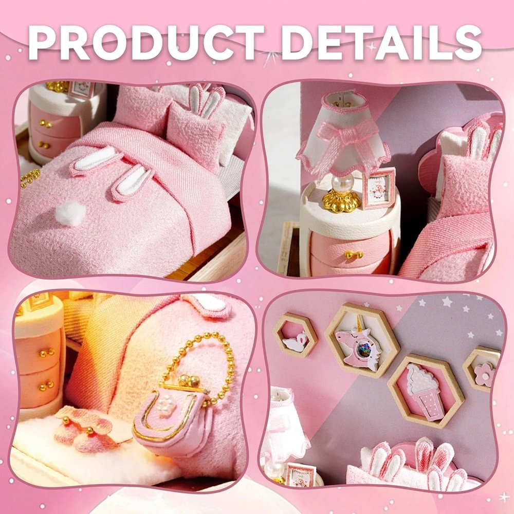 A whimsical DIY miniature bedroom featuring a plush pink bed with bunny pillows, a glowing bedside lamp, and starry wall decor