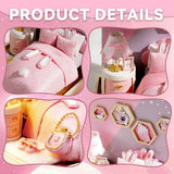A whimsical DIY miniature bedroom featuring a plush pink bed with bunny pillows, a glowing bedside lamp, and starry wall decor