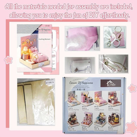 A whimsical DIY miniature bedroom featuring a plush pink bed with bunny pillows, a glowing bedside lamp, and starry wall decor