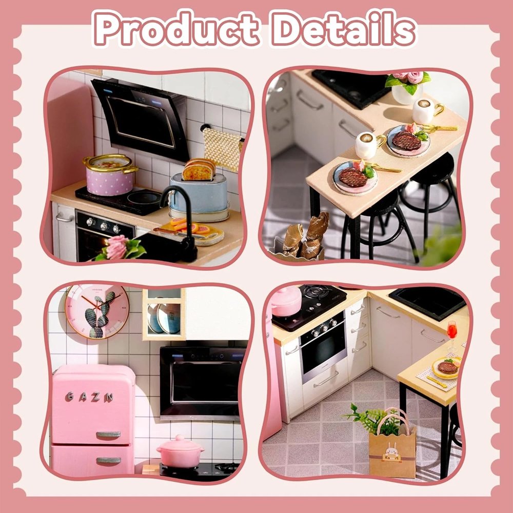 A detailed 3D DIY miniature kitchen model featuring a pink retro refrigerator, white cabinetry, and a small breakfast bar with stools