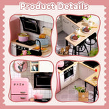 A detailed 3D DIY miniature kitchen model featuring a pink retro refrigerator, white cabinetry, and a small breakfast bar with stools