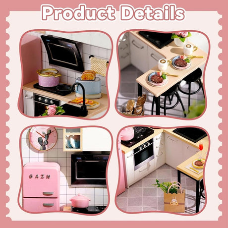 A detailed 3D DIY miniature kitchen model featuring a pink retro refrigerator, white cabinetry, and a small breakfast bar with stools