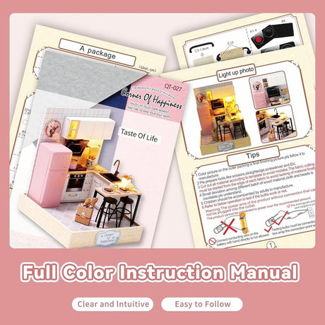 A detailed 3D DIY miniature kitchen model featuring a pink retro refrigerator, white cabinetry, and a small breakfast bar with stools