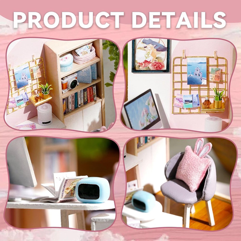 A cozy DIY miniature study room featuring a white desk with a computer, a bookshelf, and a gray chair with a pink bunny-ear cushion