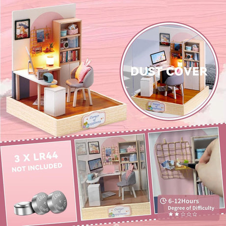 A cozy DIY miniature study room featuring a white desk with a computer, a bookshelf, and a gray chair with a pink bunny-ear cushion