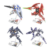 Two officially licensed Bandai Action Base 6 stands in clear plastic. Each features a rectangular base and an articulated support arm, customized with different plastic stickers showing portraits of characters like Suletta, Miorine, Guel, Shaddiq, and Elan.