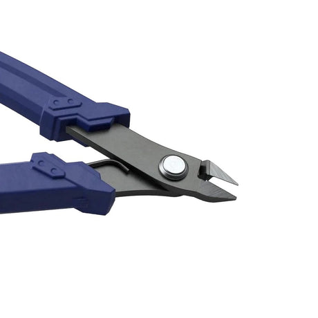 The Bandai Spirits Build Up Nipper for plastic model kits features sharp black metal blades and thick, ergonomic navy blue handles designed for precision cutting.
