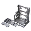 An officially licensed Bandai System Base 001 model kit display stand in metallic gunmetal gray. The retail packaging shows the mechanical hangar holding 1/144 scale Gunpla figures, highlighting its adjustable structural parts and industrial detail.
