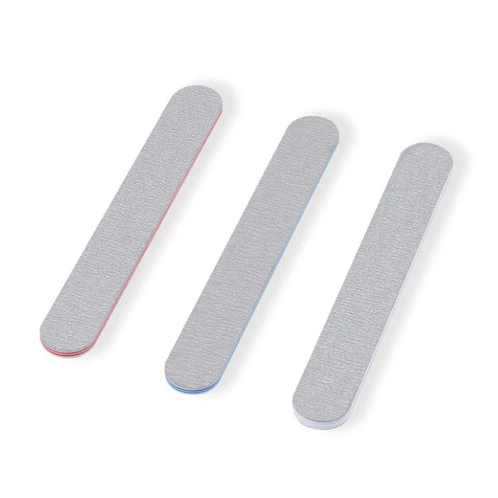 A set of three Bandai Spirits model sanding sticks in their retail packaging, featuring red, blue, and white color-coded edges. Each gray abrasive stick is displayed next to the package to show the different grit levels for plastic model finishing.