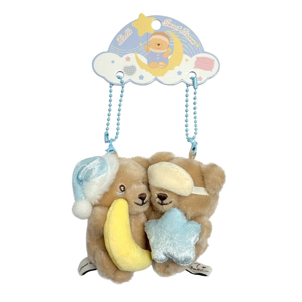 Pair of magnetic Bella Sweet Dream Moon & Star plush teddy bear keychains that stick together, featuring one bear holding a yellow crescent moon in a blue nightcap and another wearing a sleep mask with a blue star