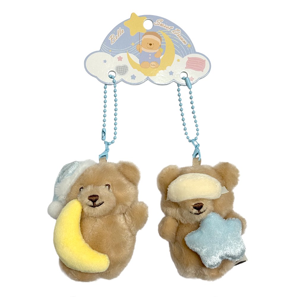 Pair of magnetic Bella Sweet Dream Moon & Star plush teddy bear keychains that stick together, featuring one bear holding a yellow crescent moon in a blue nightcap and another wearing a sleep mask with a blue star