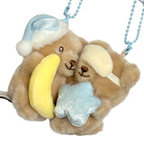 Pair of magnetic Bella Sweet Dream Moon & Star plush teddy bear keychains that stick together, featuring one bear holding a yellow crescent moon in a blue nightcap and another wearing a sleep mask with a blue star