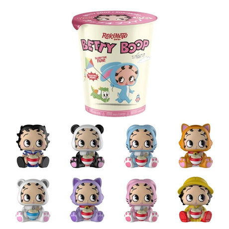 Officially licensed Betty Boop x Rokimoto noodle cup blind box container shown above eight collectible Betty Boop mini figures wearing animal onesies and holding ramen bowls
