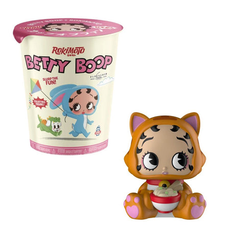 Officially licensed Betty Boop x Rokimoto noodle cup blind box container shown above eight collectible Betty Boop mini figures wearing animal onesies and holding ramen bowls
