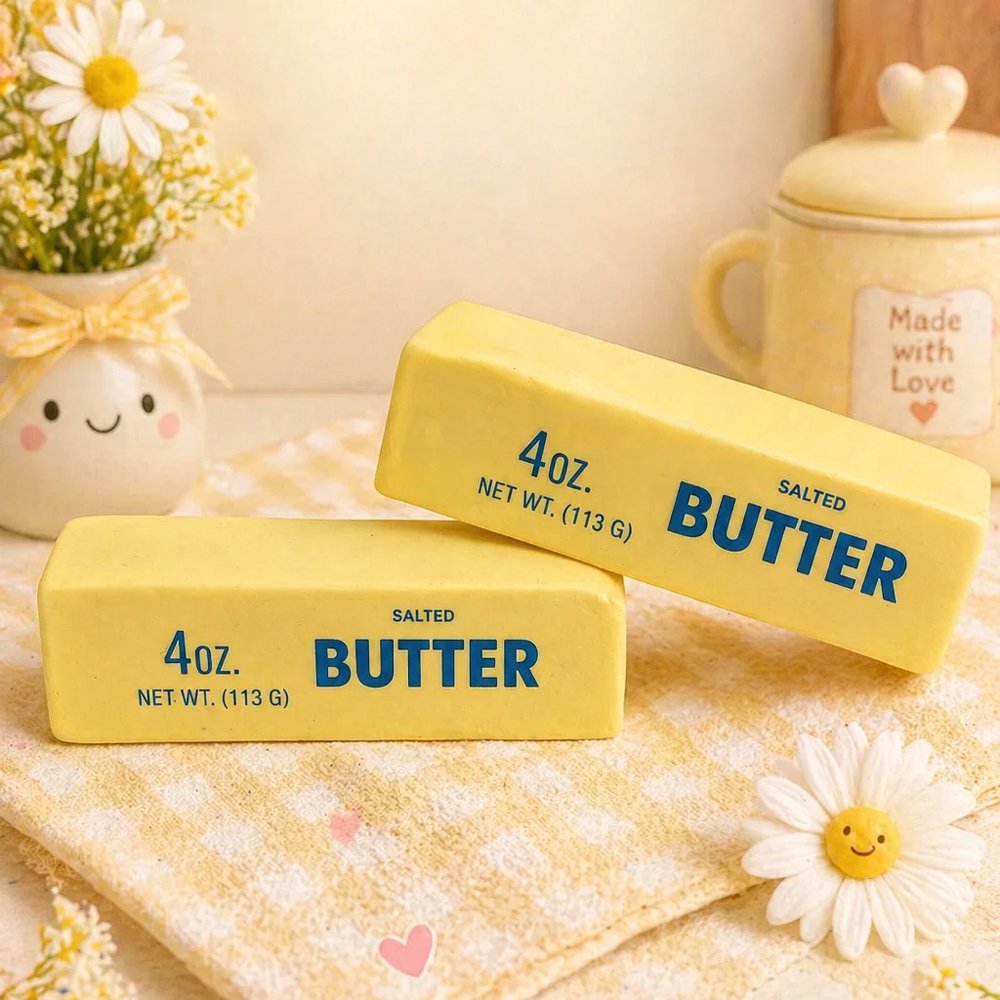 Realistic yellow butter stick squishy stress toy with blue lettering "4oz Salted Butter"