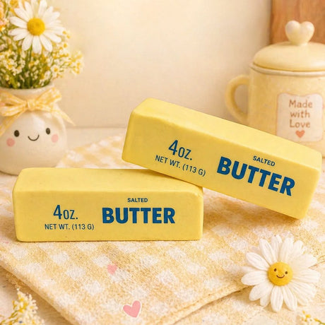 Realistic yellow butter stick squishy stress toy with blue lettering "4oz Salted Butter"