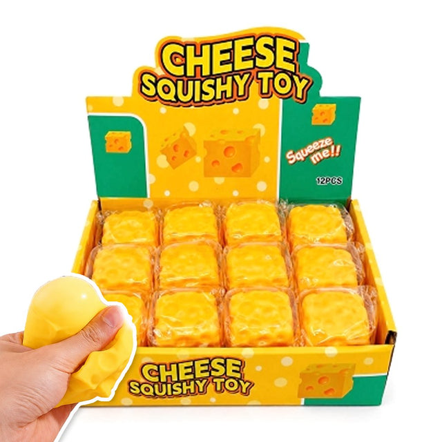 Cheese Squishy Toy retail display box filled with individually wrapped orange yellow cheese blocks