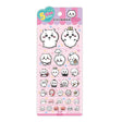 A close-up photograph of a pastel pink, decorative sticker sheet featuring multiple illustrations of the character Chiikawa in five different sizes. A hand with a knuckle ring is shown peeling a large sticker of Chiikawa from the sheet, which contains various designs of Chiikawa in multiple poses and expressions. The background is a soft blue, creating a gentle contrast. The packaging header reads '5 Size Sticker' and 'CHIIKAWA'.
