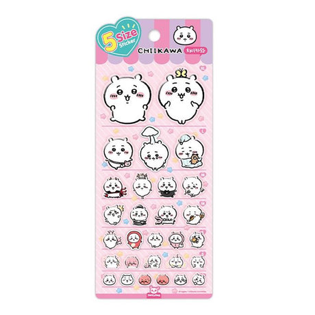 A close-up photograph of a pastel pink, decorative sticker sheet featuring multiple illustrations of the character Chiikawa in five different sizes. A hand with a knuckle ring is shown peeling a large sticker of Chiikawa from the sheet, which contains various designs of Chiikawa in multiple poses and expressions. The background is a soft blue, creating a gentle contrast. The packaging header reads '5 Size Sticker' and 'CHIIKAWA'.