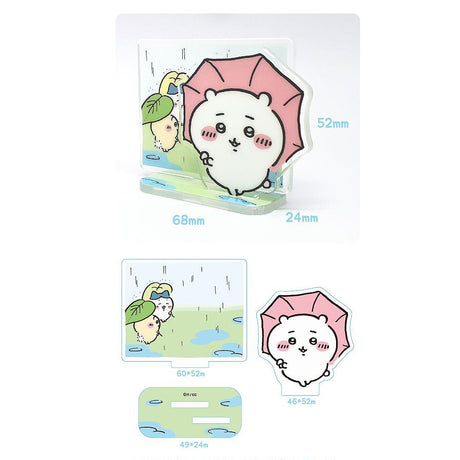Chiikawa Acrylic Stand with background plate and base, showing dimensions of 68mm x 52mm for the rainy day scene.
