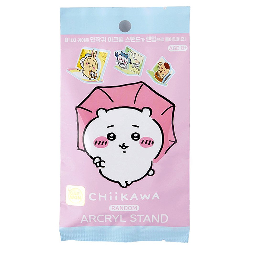 Packaged product with a cartoon character and 'Chiikawa' branding on a pink and blue background.