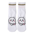 Featuring the pairs of officially licensed Chiikawa white crew-length socks, pink one holding a pink bear crossbody pouch and blue one holding a blue fish crossbody pouch.