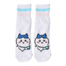 Featuring the pairs of officially licensed Chiikawa white crew-length socks, pink one holding a pink bear crossbody pouch and blue one holding a blue fish crossbody pouch.